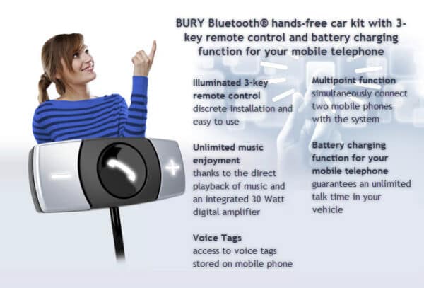 BURY Bluetooth® hands-free car kit with 3-key remote control and battery charging function for your mobile telephone (CC9048)