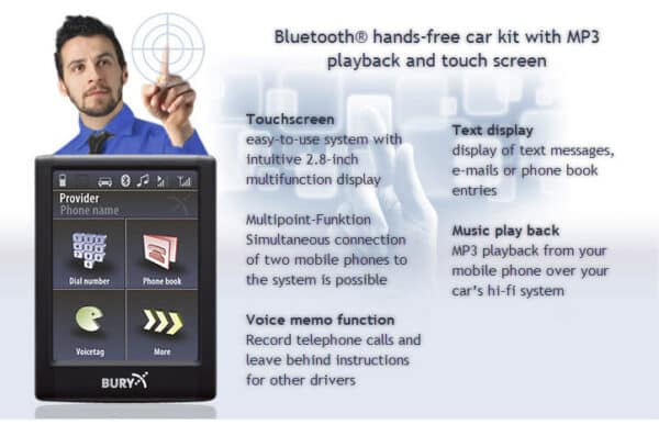 BURY Bluetooth® hands-free car kit with MP3 playback and touch screen