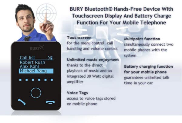 BURY Bluetooth® hands-free device with touchscreen display and battery charge function for your mobile telephone (CC9058)